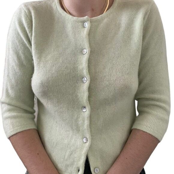 Vintage Womens Pistachio Green Angora Lambswool Blend Preppy Cardigan Sz M - Picture 3 of 7